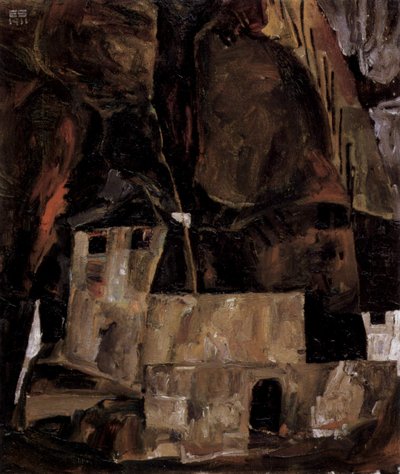 Mur et maison devant un terrain vallonné avec clôture - Egon Schiele